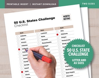 50 U.S. States Challenge Checklist (A5 + Letter Size) • Adventure Tracker • Printable Bucket List • USA Travel • Worth Noting Journal