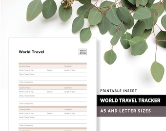 World Travel Tracker and Log • Printable Planner Insert • Adventure Tracker • Bucket List • A5 + Letter Size • Worth Noting Memory Journal