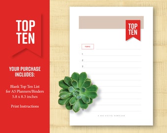 Blank Top 10 List for A5 Planners • Adventure Tracker • Printable List—Instant Download  • Memory Log • Rating Sheet • Journal Insert