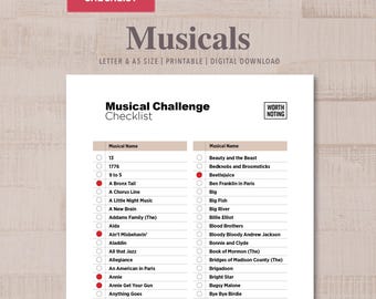 Musicals Checklist: 200+ Shows, Theater Bucket List (Printable Digital Download A5/Letter Size)