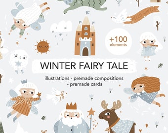 Winter Fairy Tale Clipart, Magical Winter Illustrations, Premade Cards, Fairy, Dragon, Castle