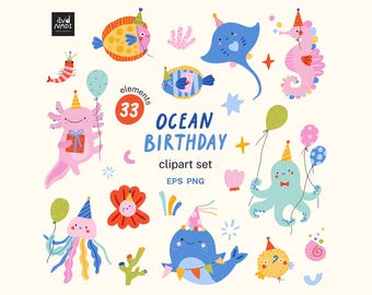 May include: A collection of colorful, cartoon ocean creatures, including fish, a seahorse, and an octopus, all wearing party hats and holding balloons. The text "Ocean Birthday" is displayed in blue. The image is a clipart set.