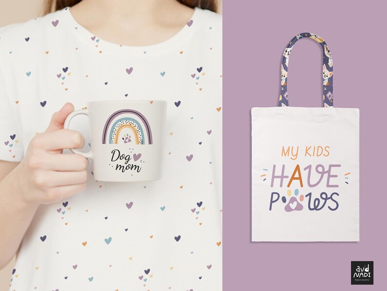 May include: A white mug with a rainbow design and the text "Dog mom." A white tote bag with the text "My kids have paws" and a paw print graphic. The tote bag has a patterned handle with dog illustrations.