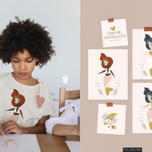 May include: A child wearing a cream t-shirt with a mermaid design, painting at a table. Next to them are four art prints of mermaids with floral details and the text "BOHO MERMAIDS".