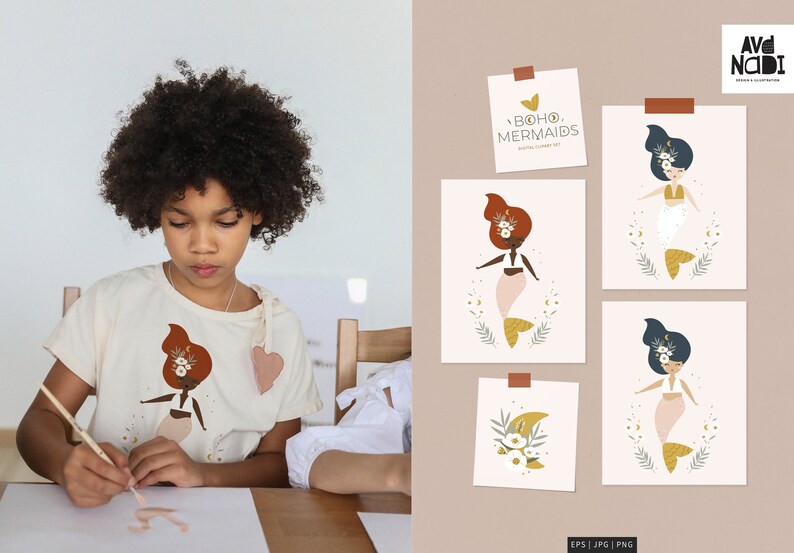 May include: A child wearing a cream t-shirt with a mermaid design, painting at a table. Next to them are four art prints of mermaids with floral details and the text "BOHO MERMAIDS".