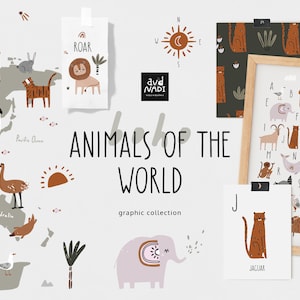 Kinder Weltkarte & Tiere Clipart, Animal Alphabet Printable, Kinderzimmer Druck, Tiere Samless Muster, kommerzielle Nutzung