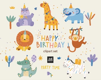 Può includere: Un colorato set di clipart a tema compleanno. L'immagine presenta vari animali dei cartoni animati, tra cui un ippopotamo, una giraffa, un elefante, un leone, una scimmia, un alligatore e una zebra, tutti con cappelli da festa. Sono incluse anche le parole "HAPPY BIRTHDAY" e "PARTY TIME".