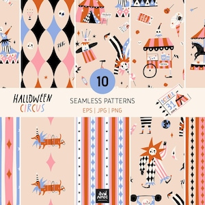May include: A collection of ten seamless digital patterns featuring Halloween circus themes. The designs include clowns, carousels, popcorn carts, and striped motifs in orange, black, pink, and blue. Text includes HALLOWEEN CIRCUS and OCTOBER 31.
