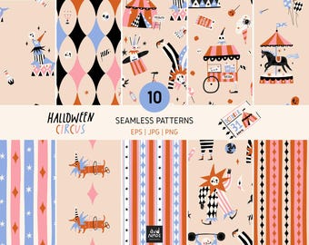 Halloween Circus Seamless Patterns, Spooky Digital Paper, Surface Pattern Bundle, Fabric Design, EPS JPG
