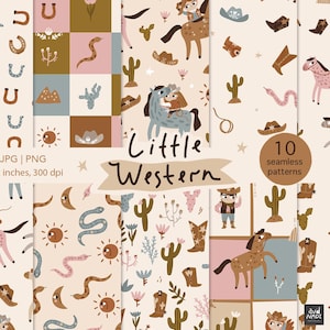 以下が含まれることがあります： 「Little Western」をテーマにした10種類のシームレスパターン。カウボーイ、馬、サボテン、ブーツなどをニュートラルカラーで表現。パターンは30.48cm x 30.48cm、300dpiです。「Little Western」の文字が含まれています。