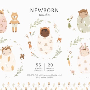 Clipart de bébé nouveau-né, clipart de douche de bébé, papier numérique de pépinière, pépinière de bois, clipart animal de bébé, utilisation commerciale