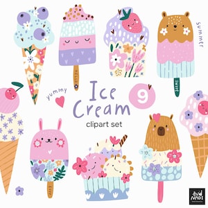 May include: A colorful ice cream clipart set featuring various ice cream cones and popsicles with cute animal faces and floral decorations. The image includes the text "Ice Cream clipart set".