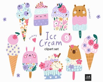 Cute Ice Cream Clipart Set, Kawaii Animal Ice Cream, Summer Ice Cream Digital, Bear Bunny Capybara Popsicle. Commercial Use PNG