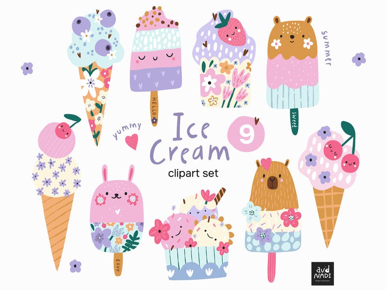 May include: A colorful ice cream clipart set featuring various ice cream cones and popsicles with cute animal faces and floral decorations. The image includes the text "Ice Cream clipart set".