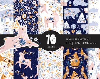 Floral Animals Seamless Patterns, Woodland Digital Paper (EPS, JPG, PNG)