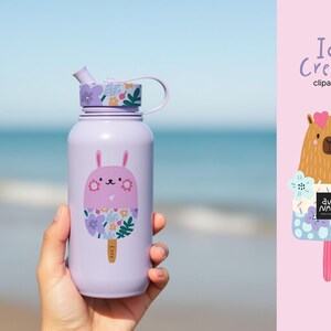 May include: A light purple water bottle with a floral design on the lid and a cartoon bunny popsicle graphic. The bottle is held in front of a blurred ocean background. The words "Ice Cream" and "clipart set" are also visible.