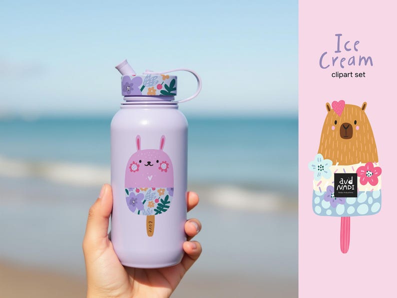 May include: A light purple water bottle with a floral design on the lid and a cartoon bunny popsicle graphic. The bottle is held in front of a blurred ocean background. The words "Ice Cream" and "clipart set" are also visible.
