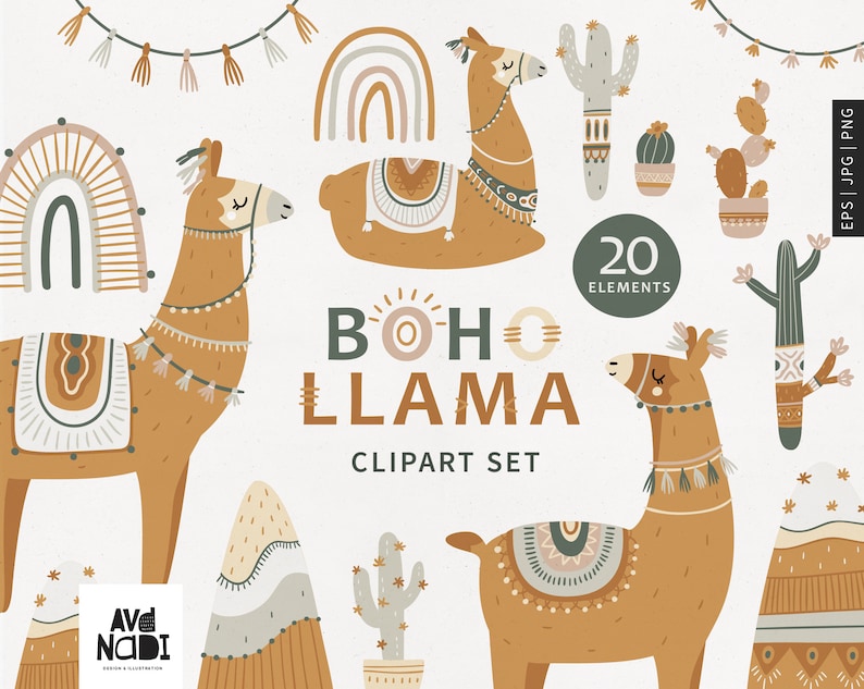Op de afbeelding: Een digitale clipartset met een boho-thema, met lama's, cactussen, regenbogen en bergen. De tekst "BOHO LLAMA CLIPART SET" is zichtbaar. De set bevat 20 elementen in EPS-, JPG- en PNG-formaten, met een neutraal kleurenpalet.