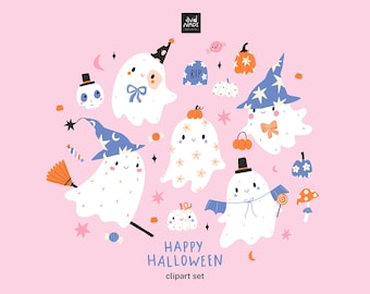 Pastel Halloween Ghost Clipart - Cute Spooky PNG EPS - Ghosts, Pumpkins, Witch Hats, Commercial Use