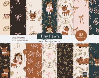Cute Woodland Seamless Patterns with Deer, Branches & Girls – Perfect for Girls' Projects