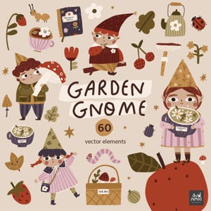 Herbst Gartenzwerg Clipart-Set, süße Zwerge, Herbst Saison Clipart, Pilz, Beeren, PNG, handgezeichnete Clipart