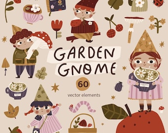 Autumn Garden Gnome clipart set, Cute gnomes, Fall Season clipart, Mushroom, Berries, PNG, Hand-drawn clipart