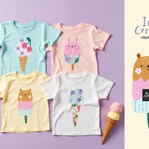 May include: Four colorful children's t-shirts with ice cream cone and popsicle designs. The shirts are light blue, pink, yellow, and white. The image also includes an ice cream cone and the text "Ice Cream clipart set".