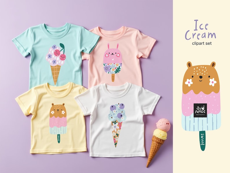 May include: Four colorful children's t-shirts with ice cream cone and popsicle designs. The shirts are light blue, pink, yellow, and white. The image also includes an ice cream cone and the text "Ice Cream clipart set".