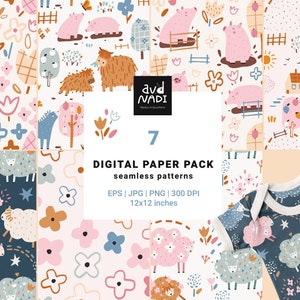 Funny farm digital paper pack, Farm animals seamless pattern, Pig, Cow, Sheep, Commercial use