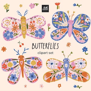 Puede incluir: Un conjunto de imágenes prediseñadas digitales con cuatro mariposas coloridas con diseños florales en rosa, azul, naranja y amarillo. La palabra "BUTTERFLIES" está escrita en negro, con el texto "clipart set" debajo. El fondo es de color beige claro.