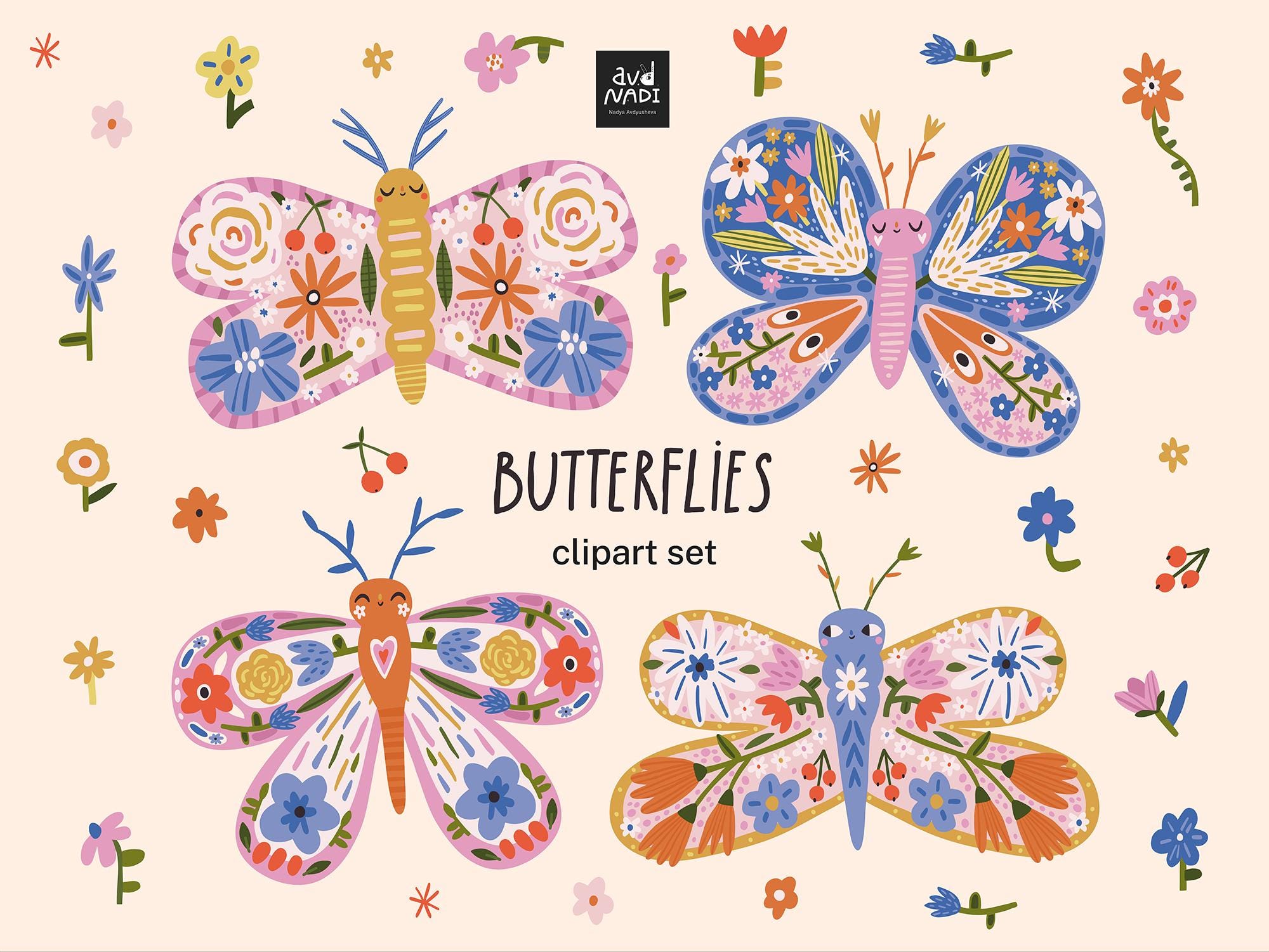 Butterfly Clipart Set, Boho Folk Butterflies PNG, Hand-Drawn Insects with Floral Wings, Cute Spring Clipart for Stickers, Scrapbooking