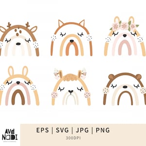 Puede incluir: Seis ilustraciones caprichosas de diseños de arcoíris con caras de animales. Cada diseño presenta un animal diferente: un ciervo, un gato, un oso, un conejito y dos con acentos florales o de mariposas. La paleta de colores incluye marrones suaves, tonos beige y pasteles.