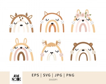 Animal Face Rainbow Clipart, Cute Animal Clipart Bundle, Bear Bunny Fox Llama Deer, SVG PNG EPS
