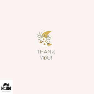 May include: A light pink card with a floral and moon design. The card features the words "THANK YOU!" in a dark green font. The design includes white flowers, green leaves, and a gold crescent moon. The card also has the logo "AVANADI DESIGN & ILLUSTRATION".