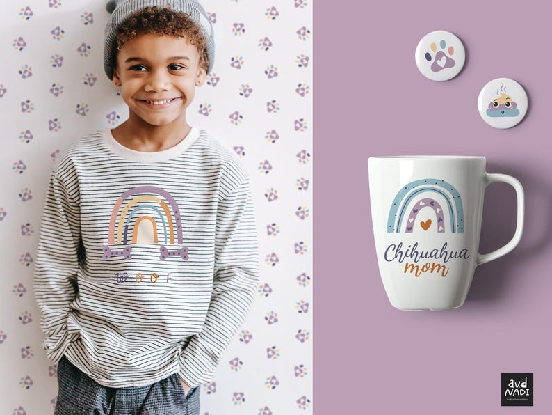 May include: A child wearing a striped long-sleeve shirt with a rainbow graphic and the word "Woof". A white mug with a rainbow design and the text "Chihuahua mom" is next to two round pins.