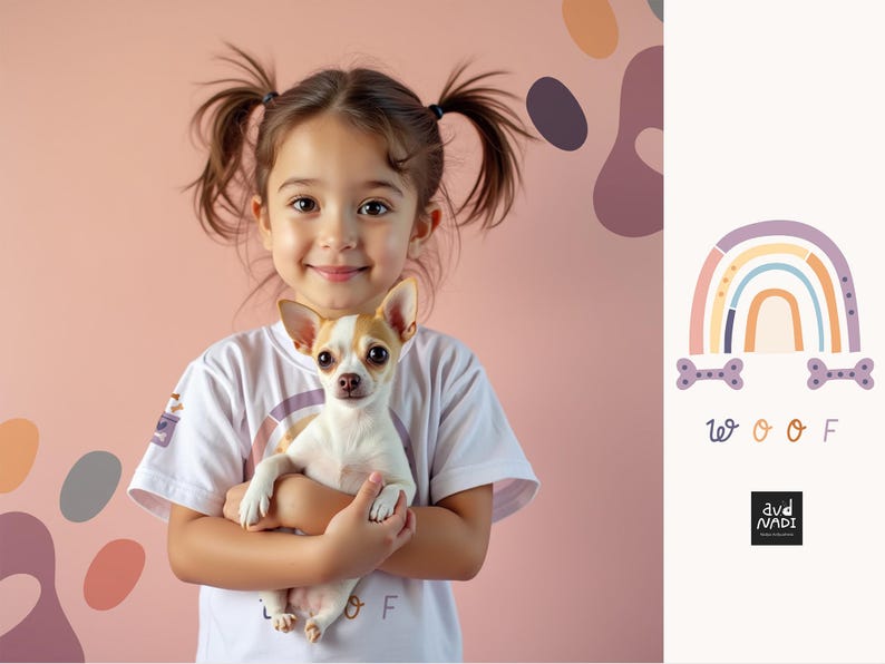 May include: A young girl smiles while holding a small, white and tan Chihuahua dog. The girl wears a white t-shirt. The background is a light pink with a rainbow and the word "Woof" in a playful font.