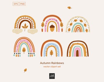 Autumn Rainbow Clipart Set, Fall Rainbow PNG, Boho Rainbow Clipart, Fall Digital Clipart, Rainbow PNG Download
