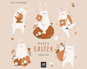 Easter Bunny Clipart PNG, Cute Hand-Drawn Rabbits, Spring Holiday Digital Illustrations, Rustic Easter Clip Art, Kids Easter Graphics