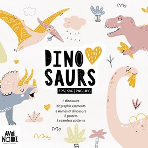 Może przedstawiać: Kolekcja fantazyjnych ilustracji dinozaurów w zabawnym stylu. Obraz przedstawia Pterodaktyla, Triceratopsa, Tyranozaura Rex i Brontozaura, wraz z tekstem "DINOSAURS". Dodatkowe elementy to serca, chmury i rośliny. Obraz zawiera również tekst "EPS | SVG | PNG | JPG".