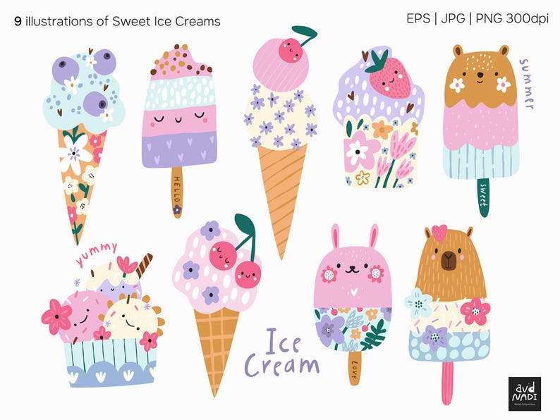 May include: Nine illustrations of sweet ice creams in various designs. The image includes ice cream cones and popsicles with cute faces, floral accents, and fruit toppings like cherries and blueberries. Text includes "Ice Cream", "yummy", "sweet", and "summer".