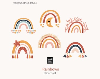 Boho Rainbow Clipart, Coastal Celestial Nursery Art (PNG SVG Vector)