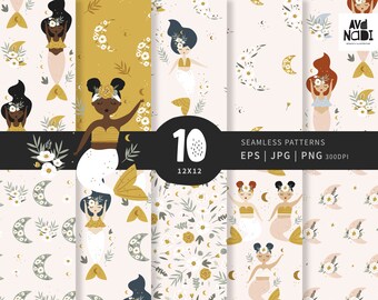 Naadloos boho zeemeerminpatroon, digitaal bloemenpapier (commerciële licentie)
