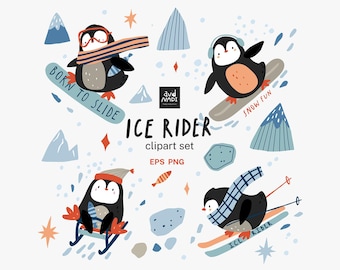 Winter Penguin Clipart Set | Cute Snowboarding Penguins | Ice Rider Skiing and Sledding Illustrations | Winter Sports Animals