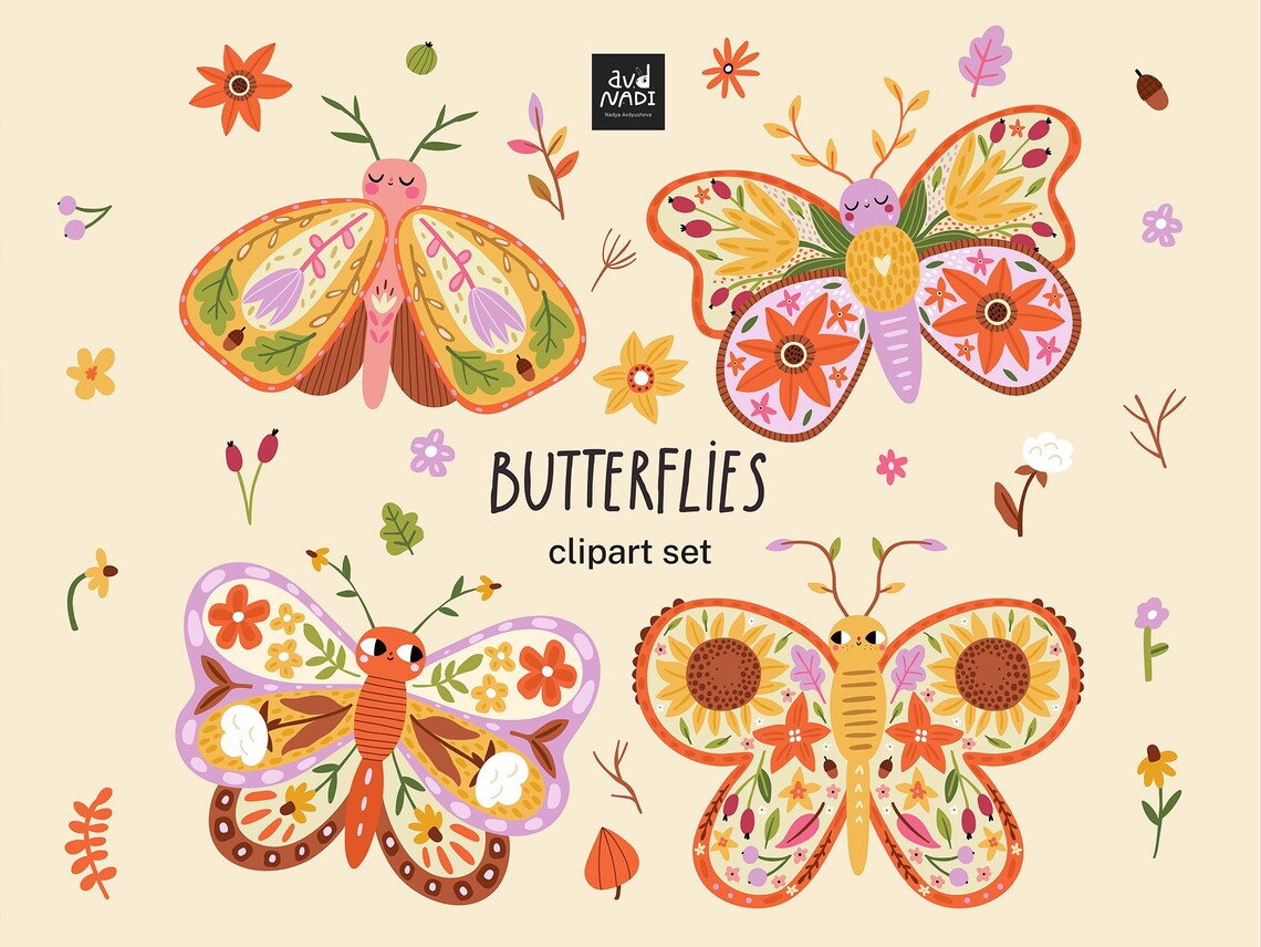 Autumn Butterfly Clipart Set, Boho Folk Butterflies PNG, Cute Fall ...