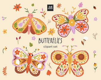 Autumn Butterfly Clipart, Fall Floral Butterflies, Boho Botanical PNG, Woodland Clipart