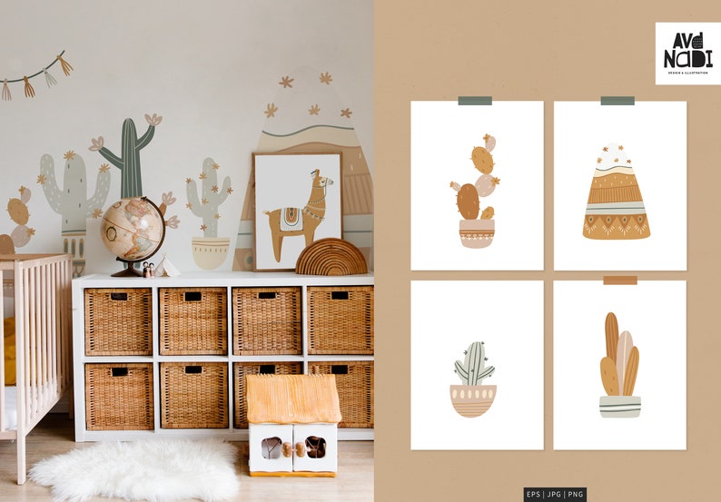 Op de afbeelding: Een kinderkamer met cactus muurstickers, een wereldbol en een witte opbergkast met rieten manden. Vier ingelijste prints tonen cactus illustraties in neutrale tinten. Een lama print en een houten huis speelgoed zijn ook zichtbaar.
