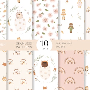 Newborn digital paper pack, Baby seamless pattern, floral digital paper, Commercial use