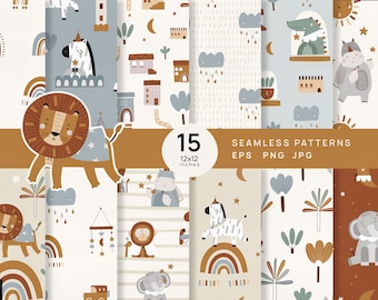 Safari Seamless Patterns, Jungle Digital Paper, Kids Nursery Paper, Boho Safari Animals