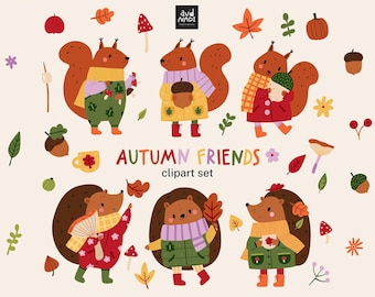 Autumn Animals Clipart Set, Cute Woodland Squirrels and Hedgehogs, Fall Leaves Mushrooms Acorns, PNG + EPS Digital Download