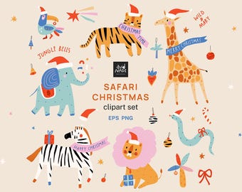 Safari Christmas Animals Clipart, Giraffe Elephant Lion Zebra Tiger Toucan, Jungle Holiday PNG EPS, Cute Kids Winter Illustrations